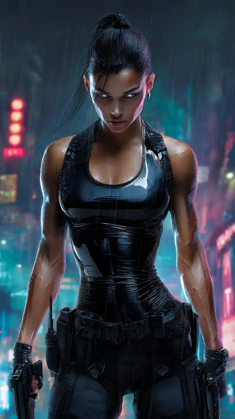 Cyberpunk police enforcer woman in neon drenched city