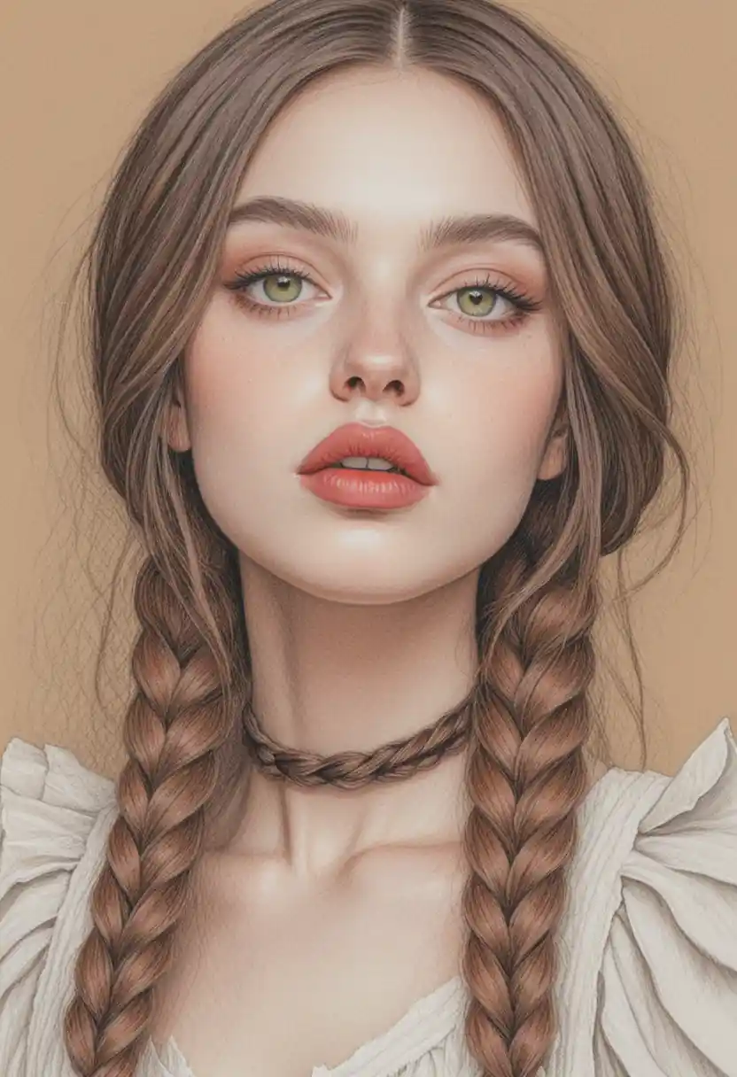 Colored pencil portrait of a girl with braids and red lips