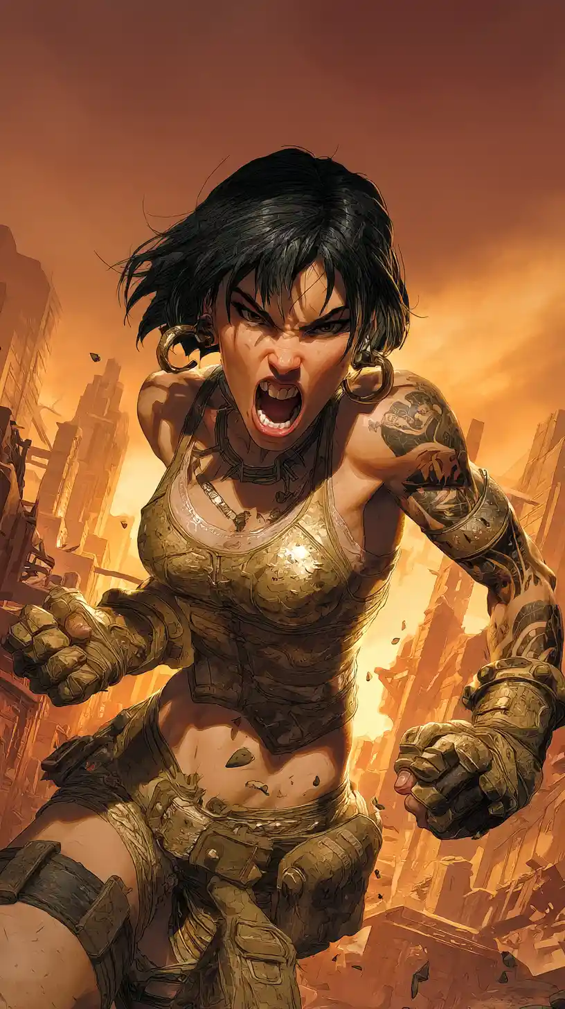 Muscular warrior woman in shattered city at sunset