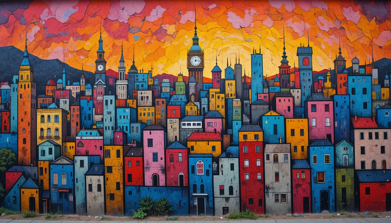 Colorful street art cityscape mural under a warm dusk sky