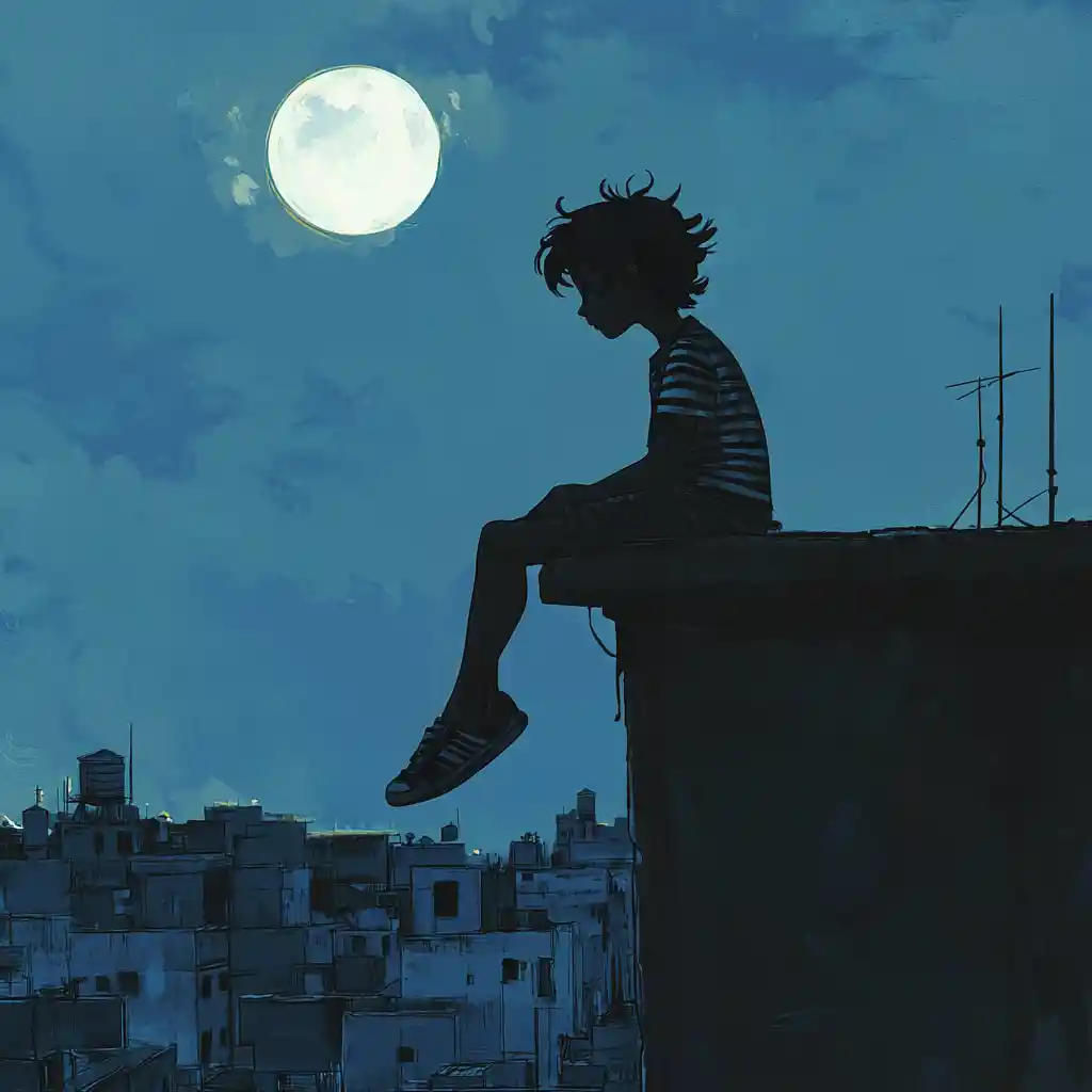 Ragazzo seduto sul tetto di una città sotto il cielo notturno