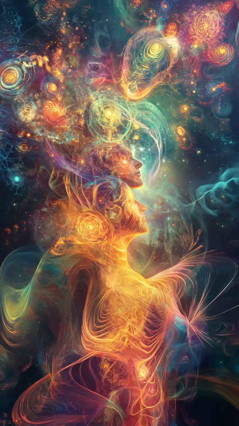 Mystical cosmic symbols with shimmering waves and atoms