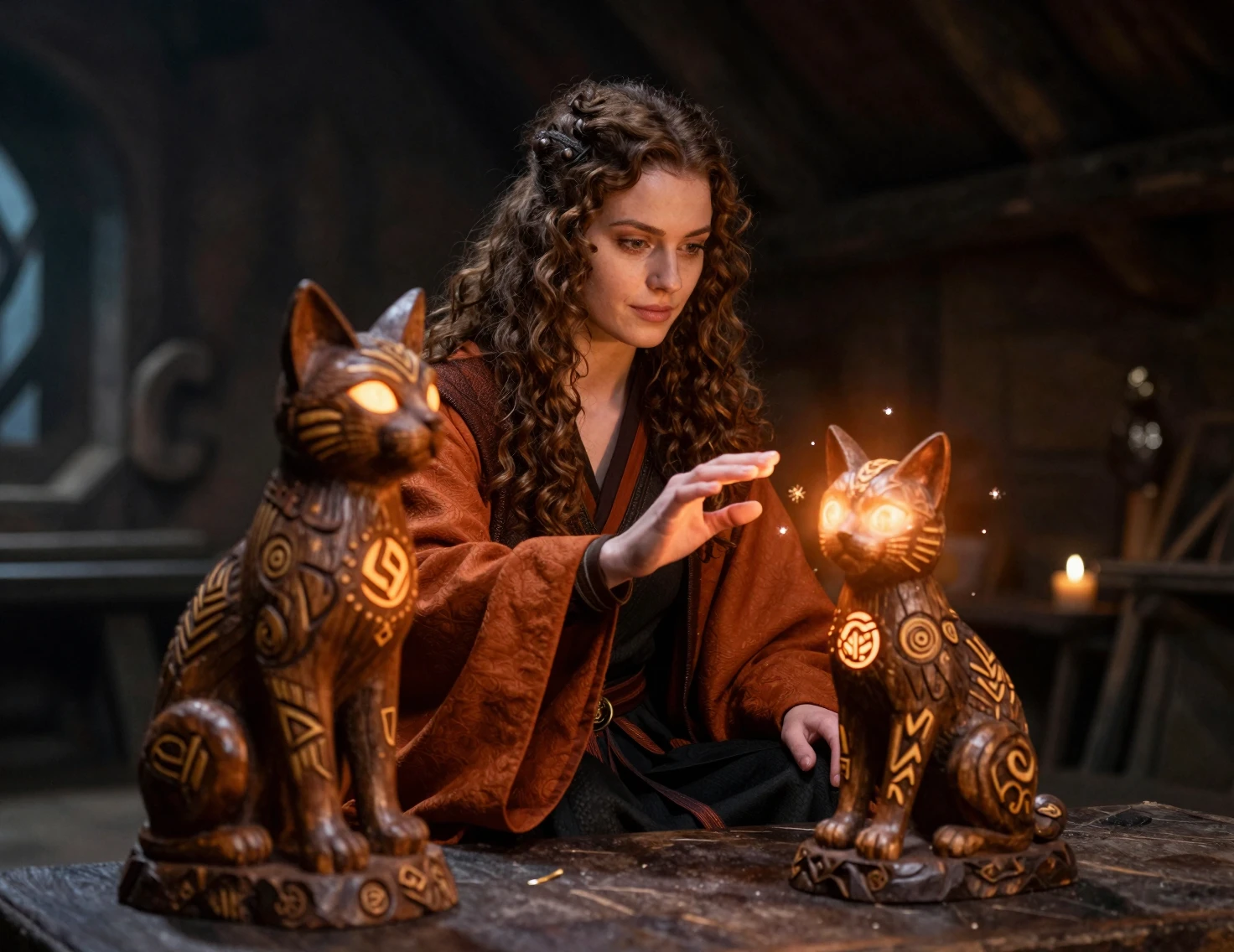 Young woman casting magic on glowing carved kitten statue