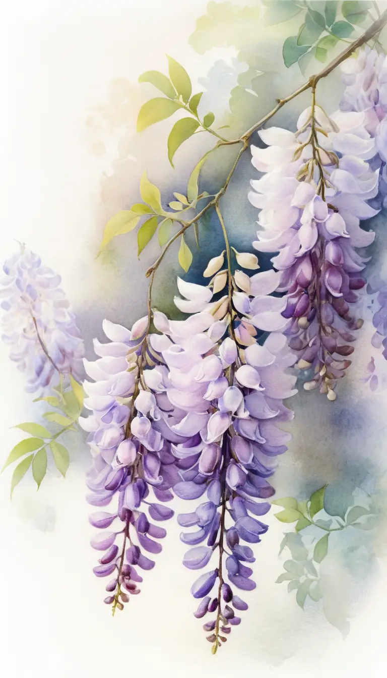 Dreamy Watercolor Wisteria On Soft White Background