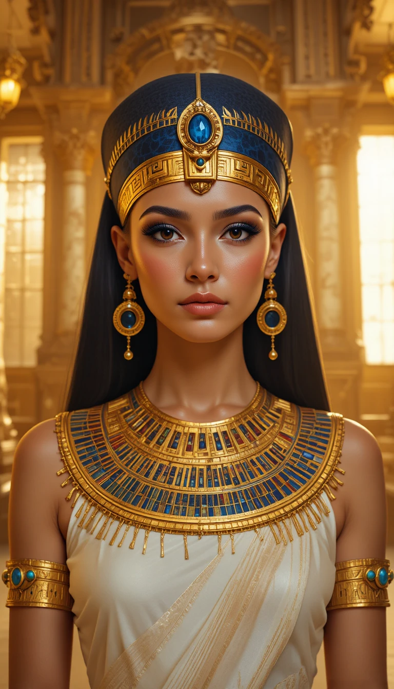 Regal Egyptian priestess in golden temple interior