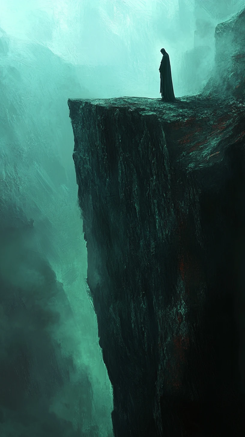 Figura encapuchada contempla un abismo esmeralda surreal desde el borde de un acantilado