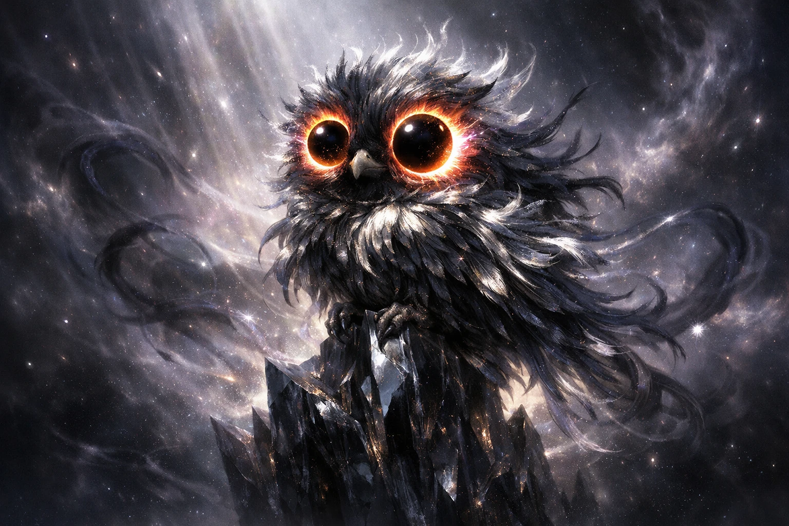 Ethereal eclipse raven fledgling on a floating obsidian spire
