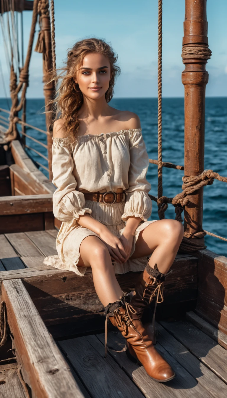 Selbstbewusste Piratenfrau auf verwittertem Holzdeck bei Sonnenuntergang