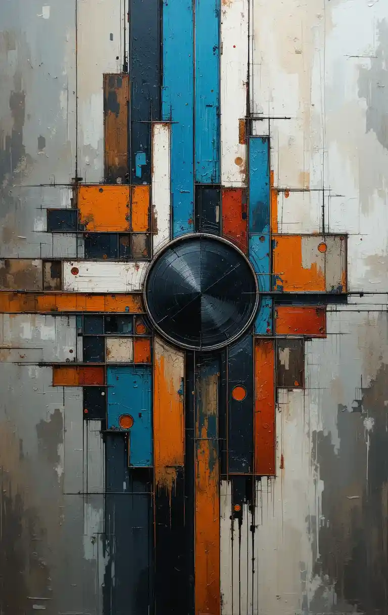 Textured abstract geometric painting with bold vertical forms