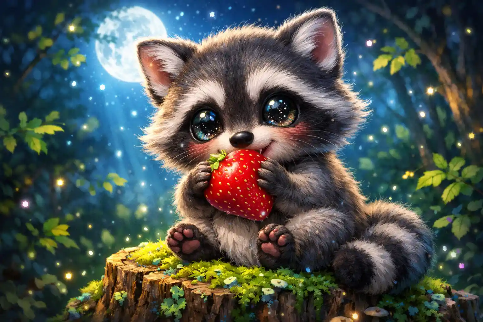 Cute baby raccoon holding a strawberry on a moonlit stump