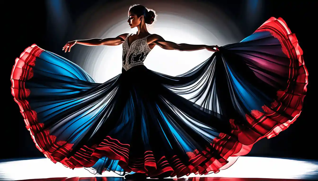 Danseuse espagnole en jupe fluide sous une lumière colorée cinématographique