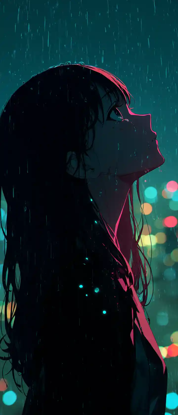Crying anime girl on rainy rooftop under city lights