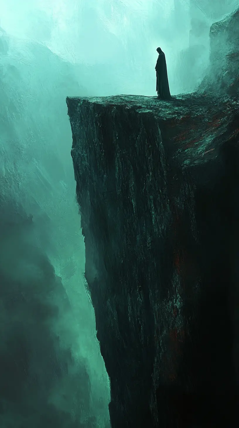 Cloaked figure overlooking surreal emerald chasm from cliff edge