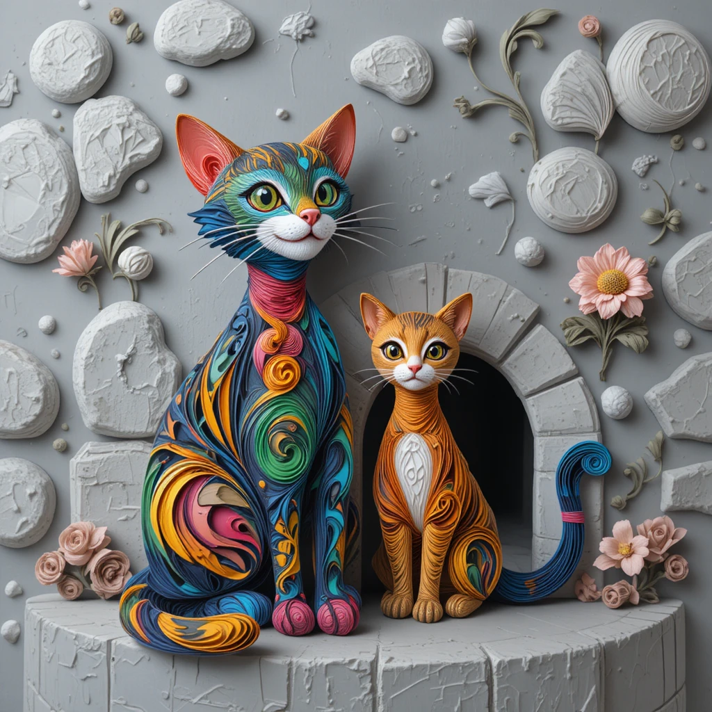 Colorful quilled cat stalking a tiny mouse on bricks