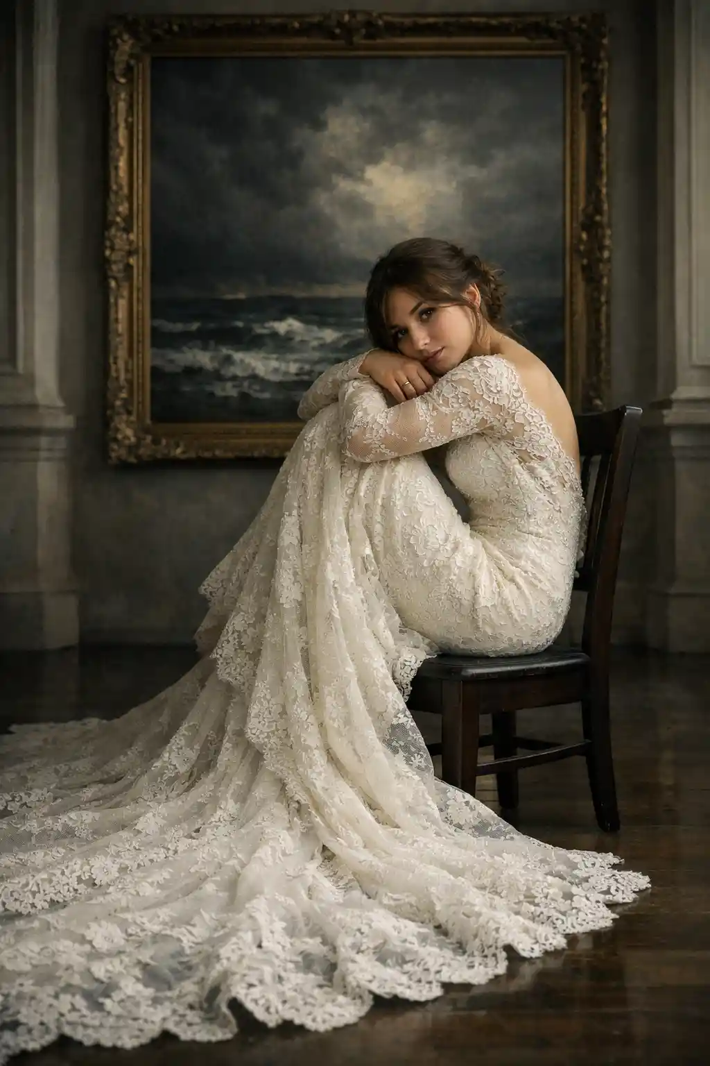Bride in lace gown seated quietly before seascape painting