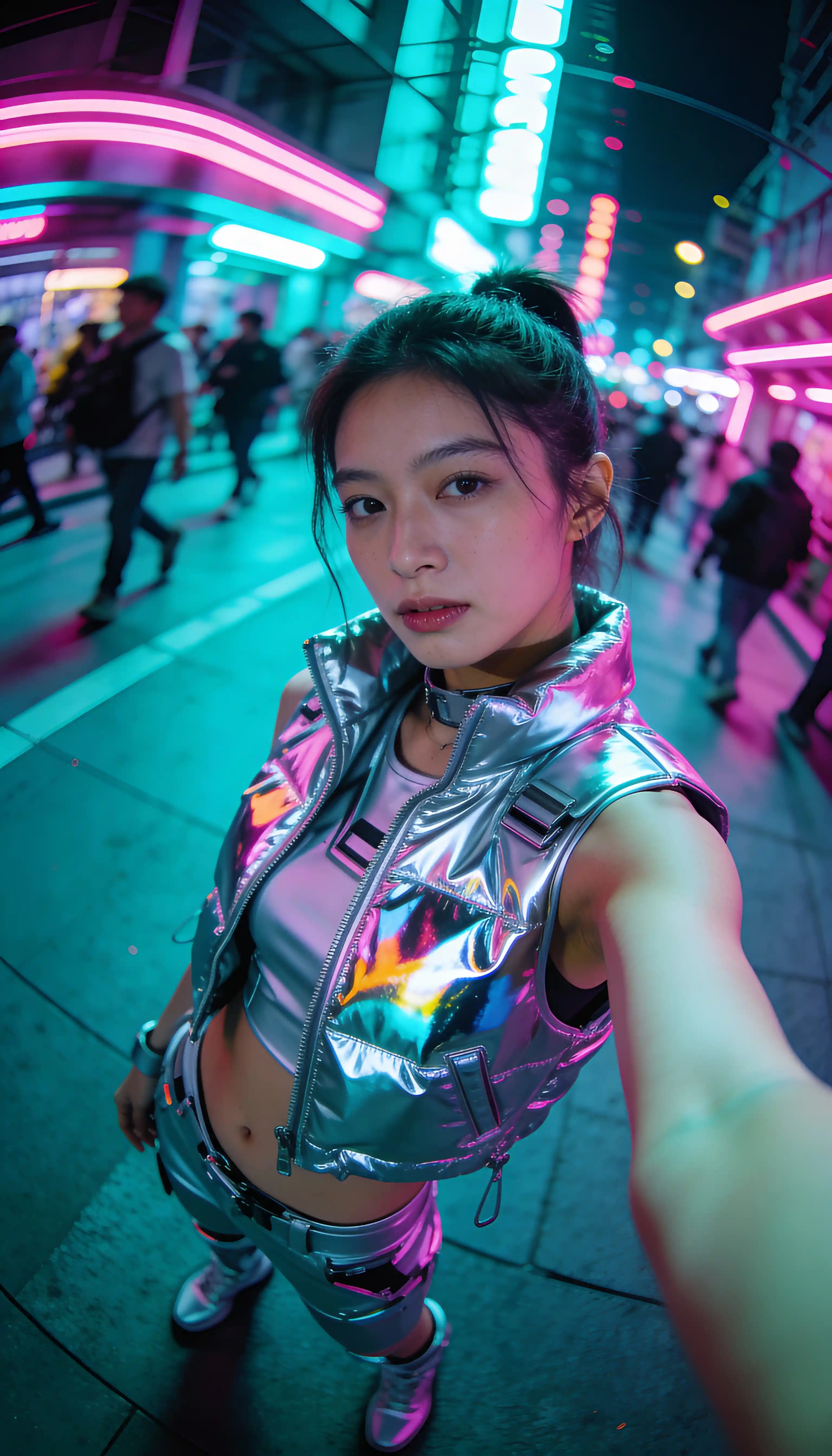 Futuristic selfie of woman in silver techwear on neon street