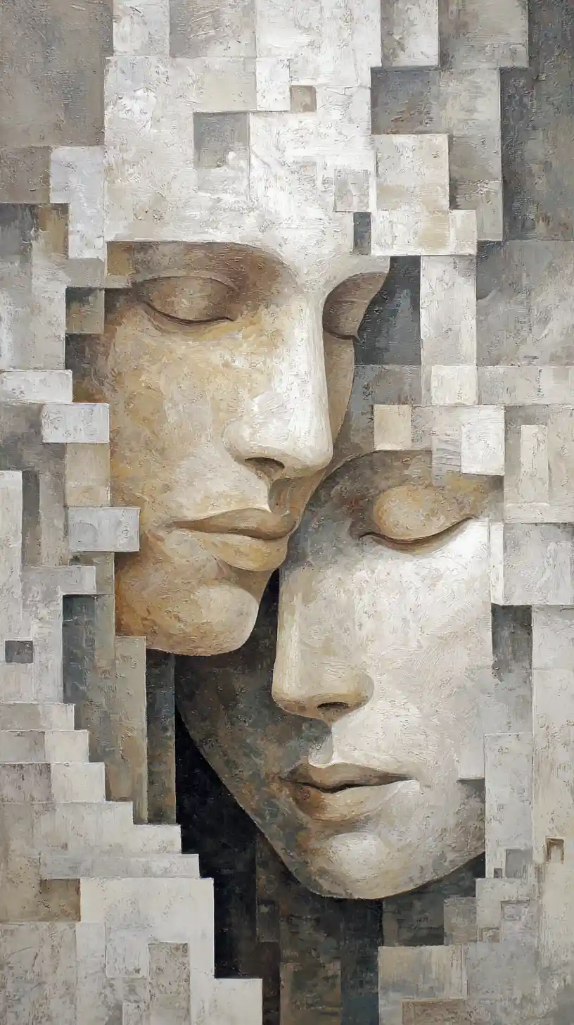 Surreal cubist fusion of two serene stone like faces