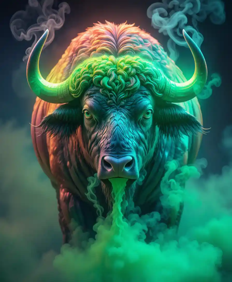 Majestic buffalo facing forward with glowing horns and smoke