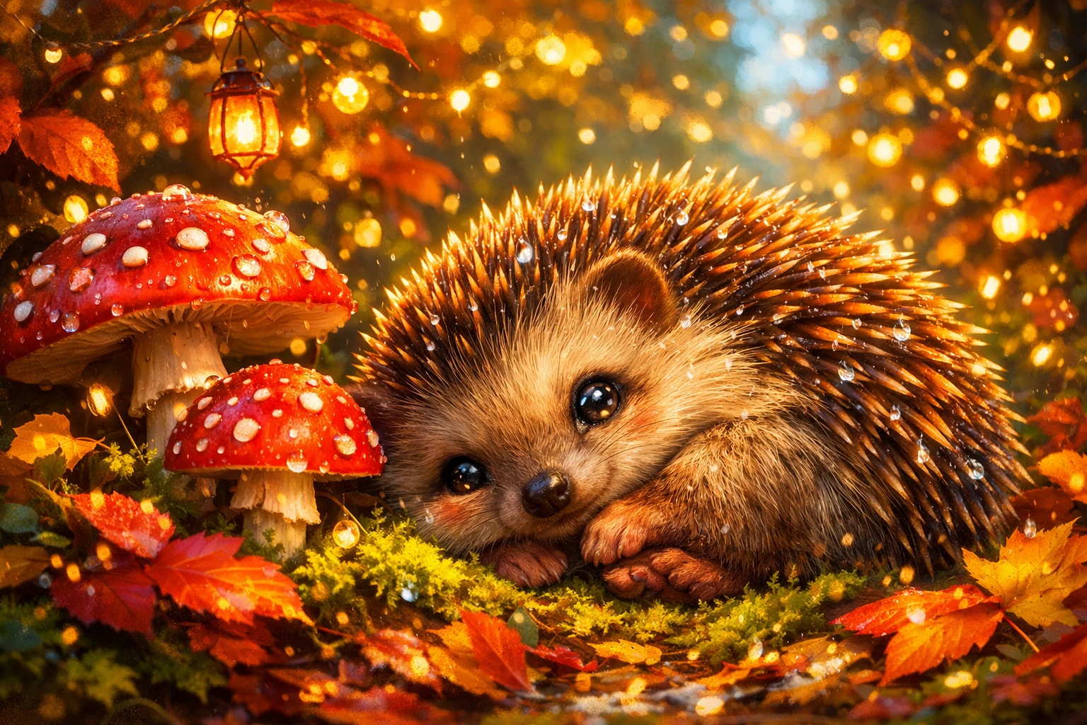 Baby hedgehog resting beside glowing mushrooms in autumn forest