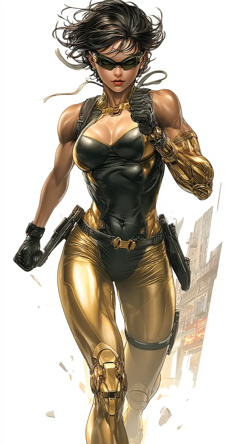 Brazilian warrior woman sprinting through a blurred city street