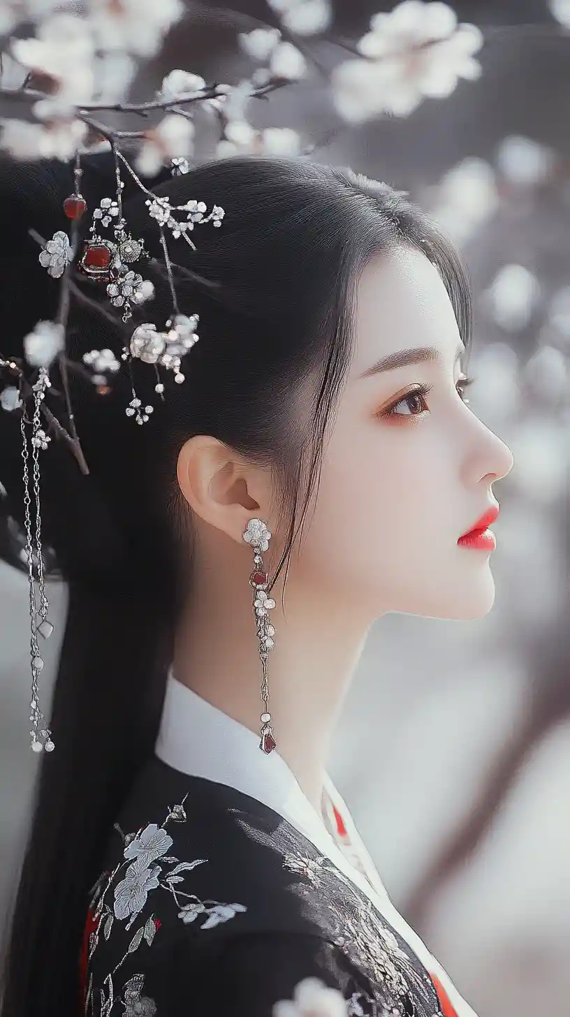Young Asian woman in traditional black floral dress