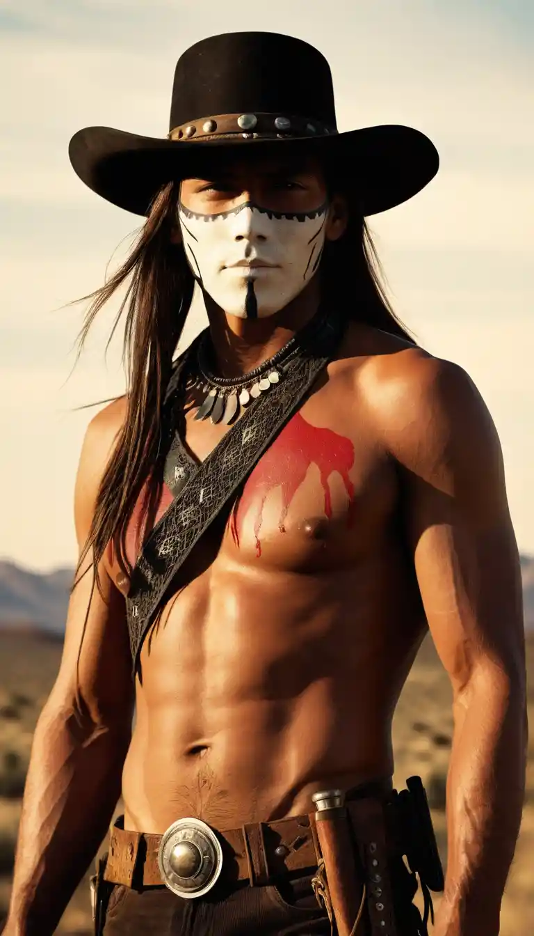 Young man in native war paint in wild west landscape