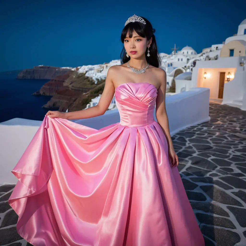 Elegant woman in neon pink satin gown at night