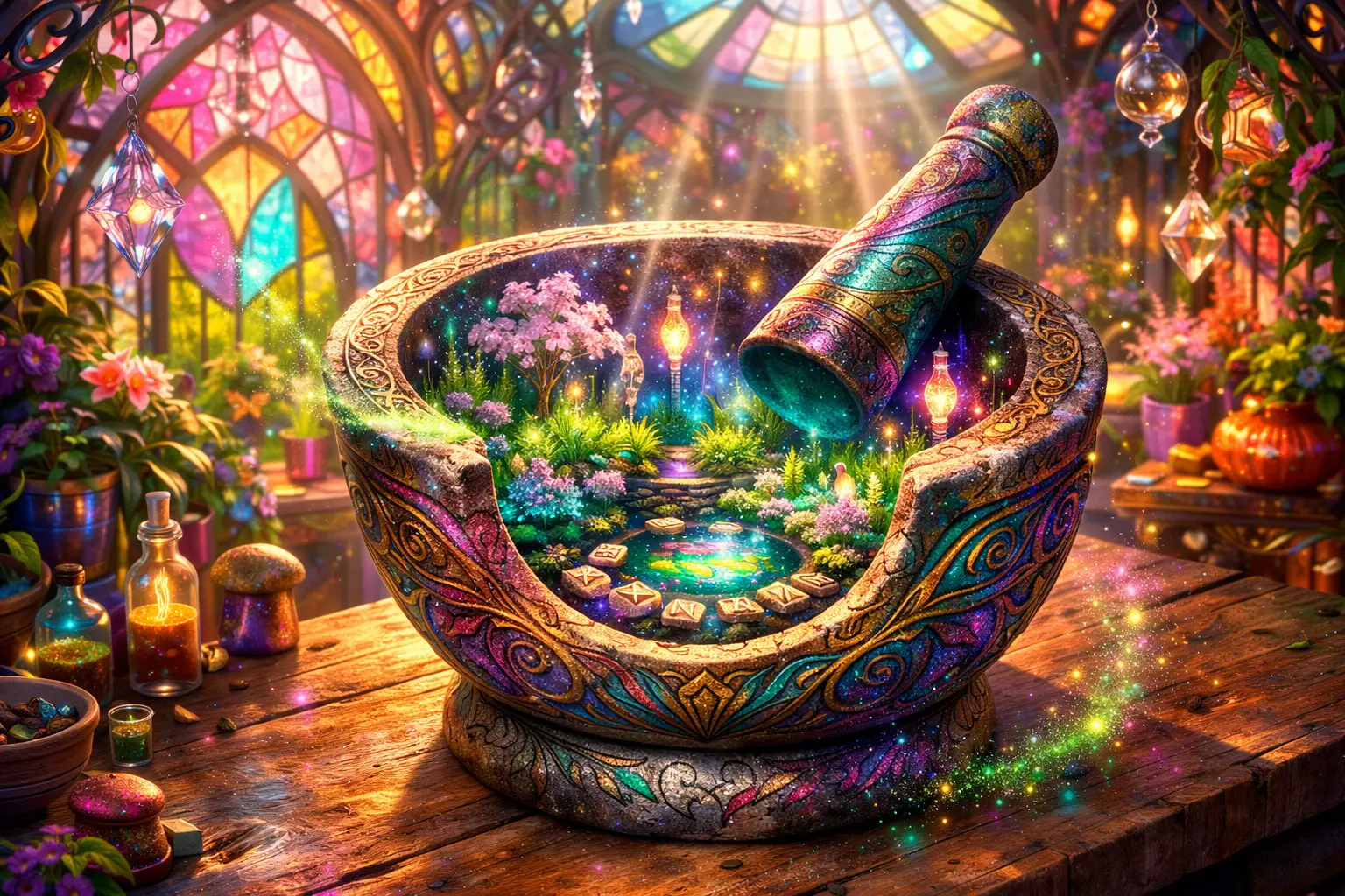 Mortaio di Pietra Ornamentale su Banco da Lavoro in Serra Fantastica