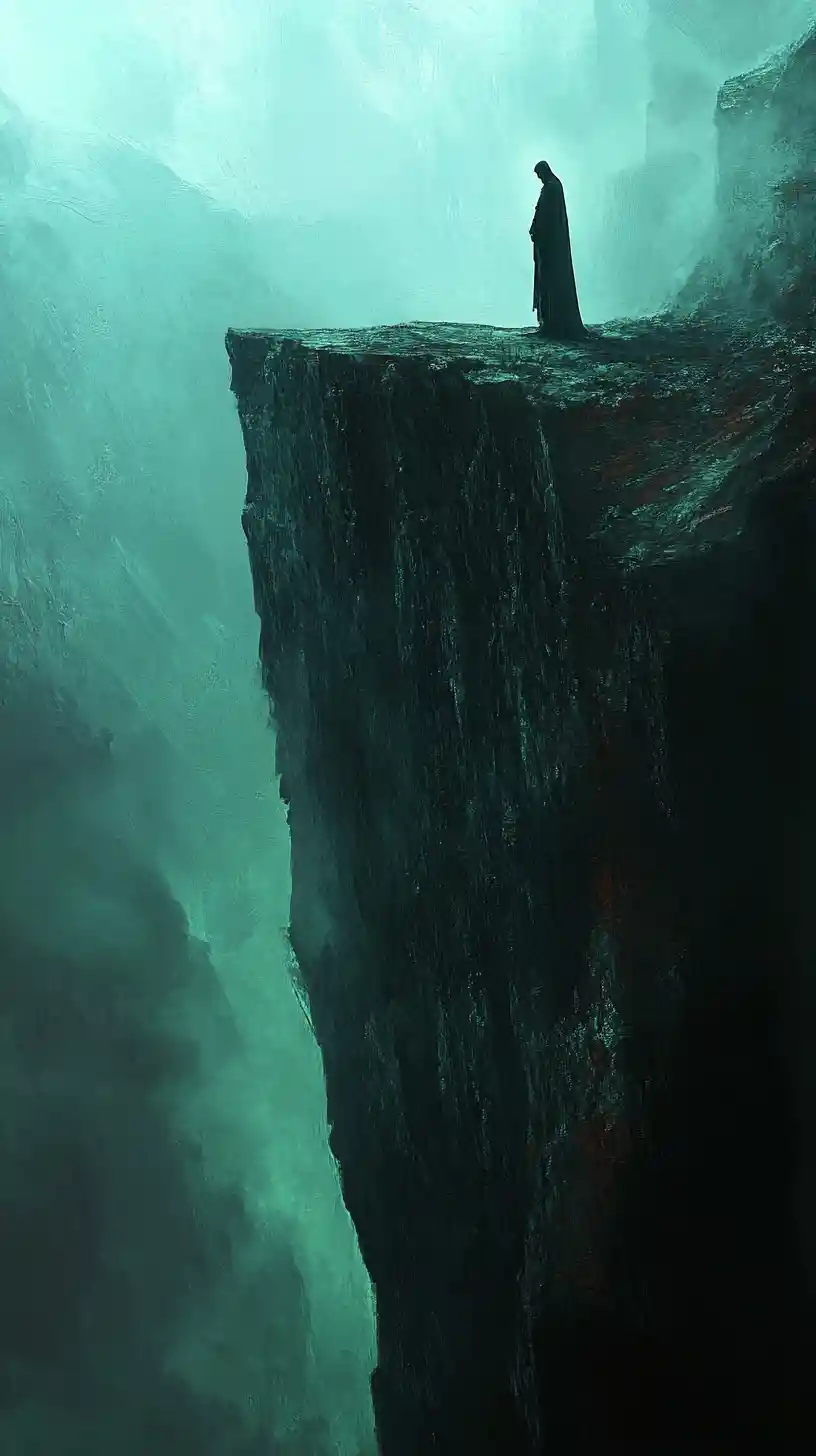 Cloaked figure overlooking surreal emerald chasm from cliff edge