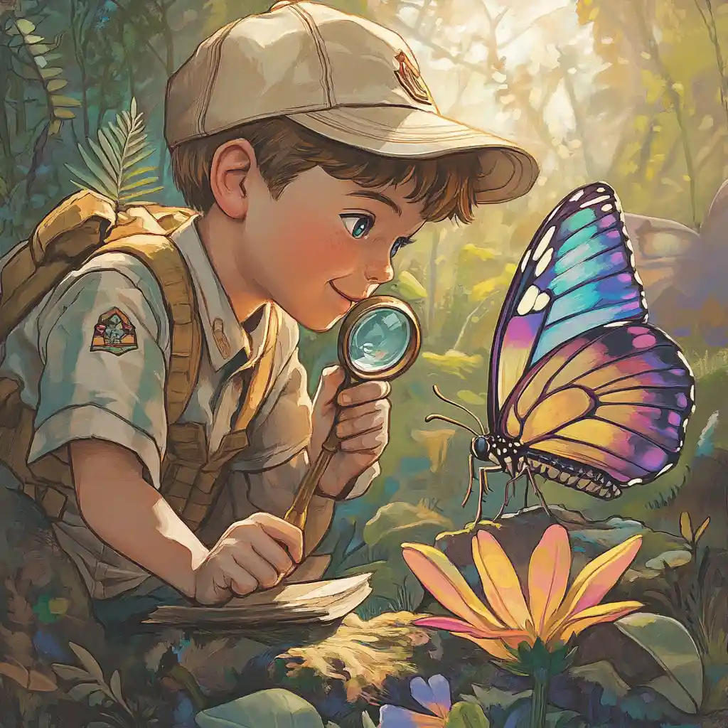 Boy scout studying butterfly with magnifying glass in garden