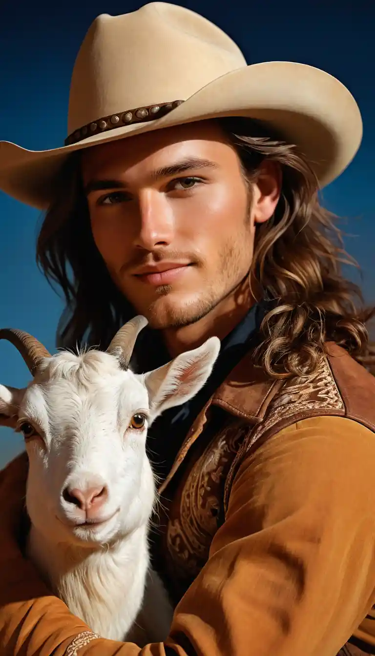 Close up portrait of a young man holding a small goat