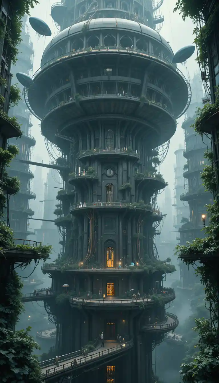 Close up of airships in an overgrown futuristic city