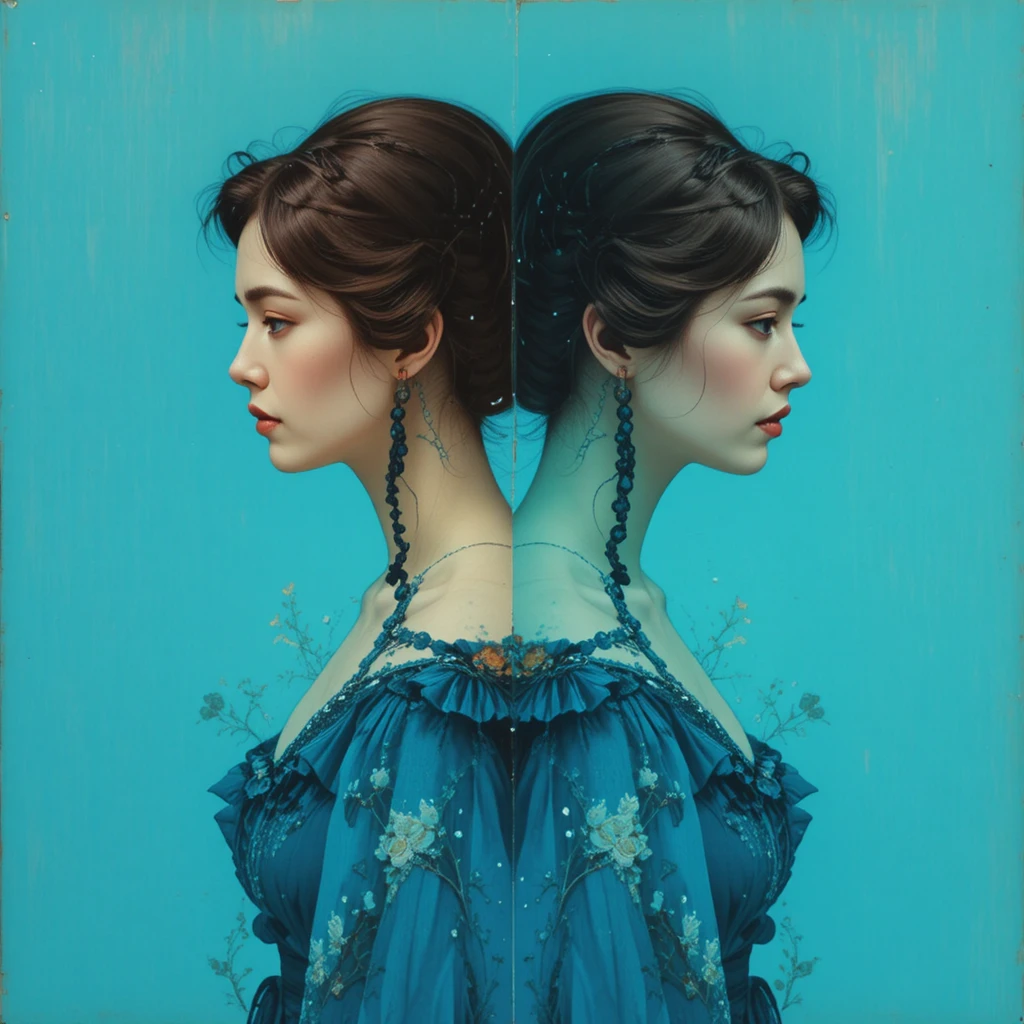 Mujer art déco con vestido azul y doble exposición de río