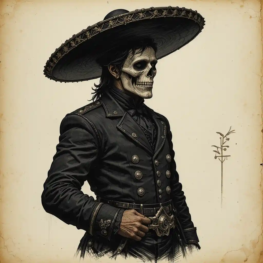 Mariachi charro man with black suit and skull mask