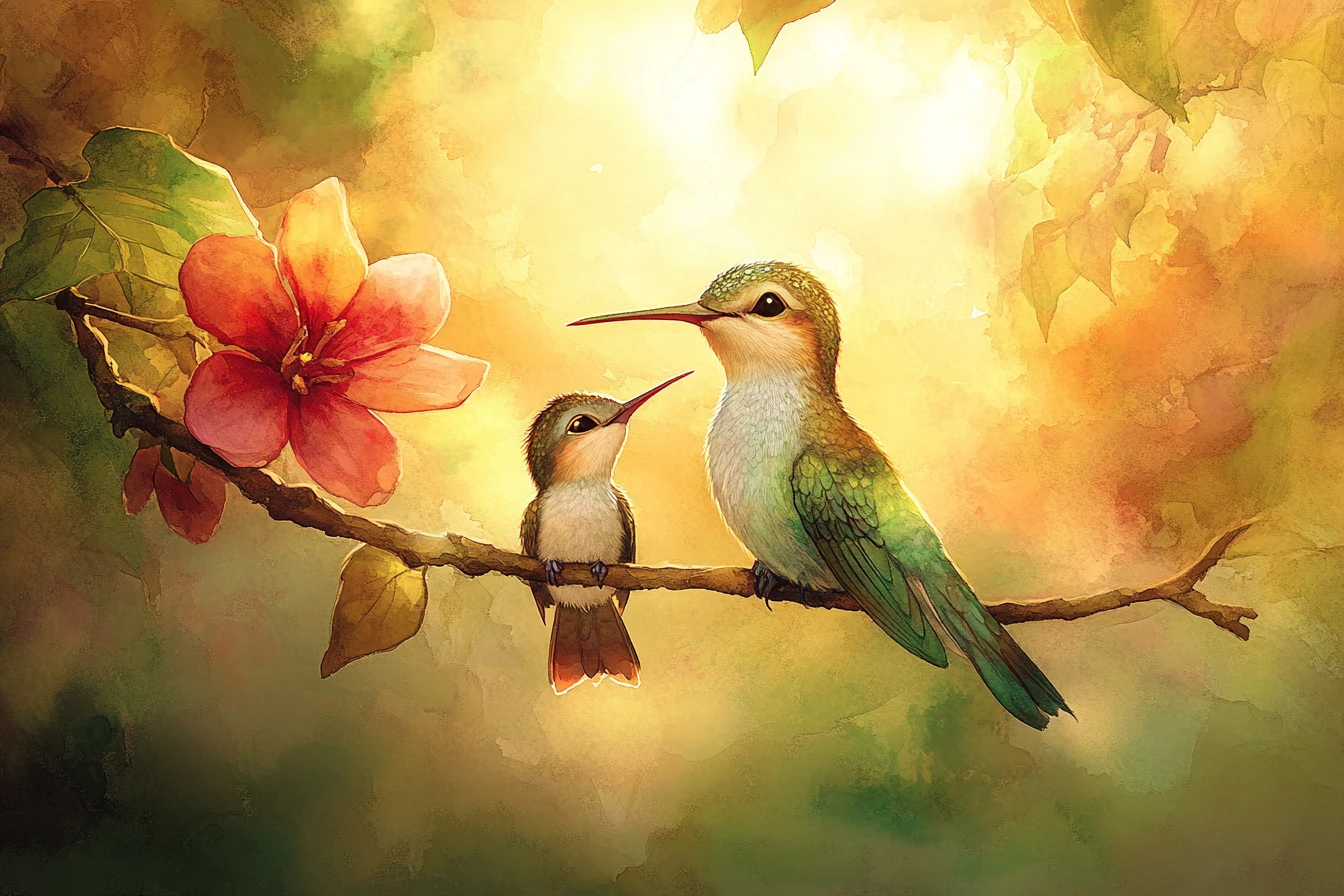 Colibrí madre con su polluelo en una rama a la hora dorada