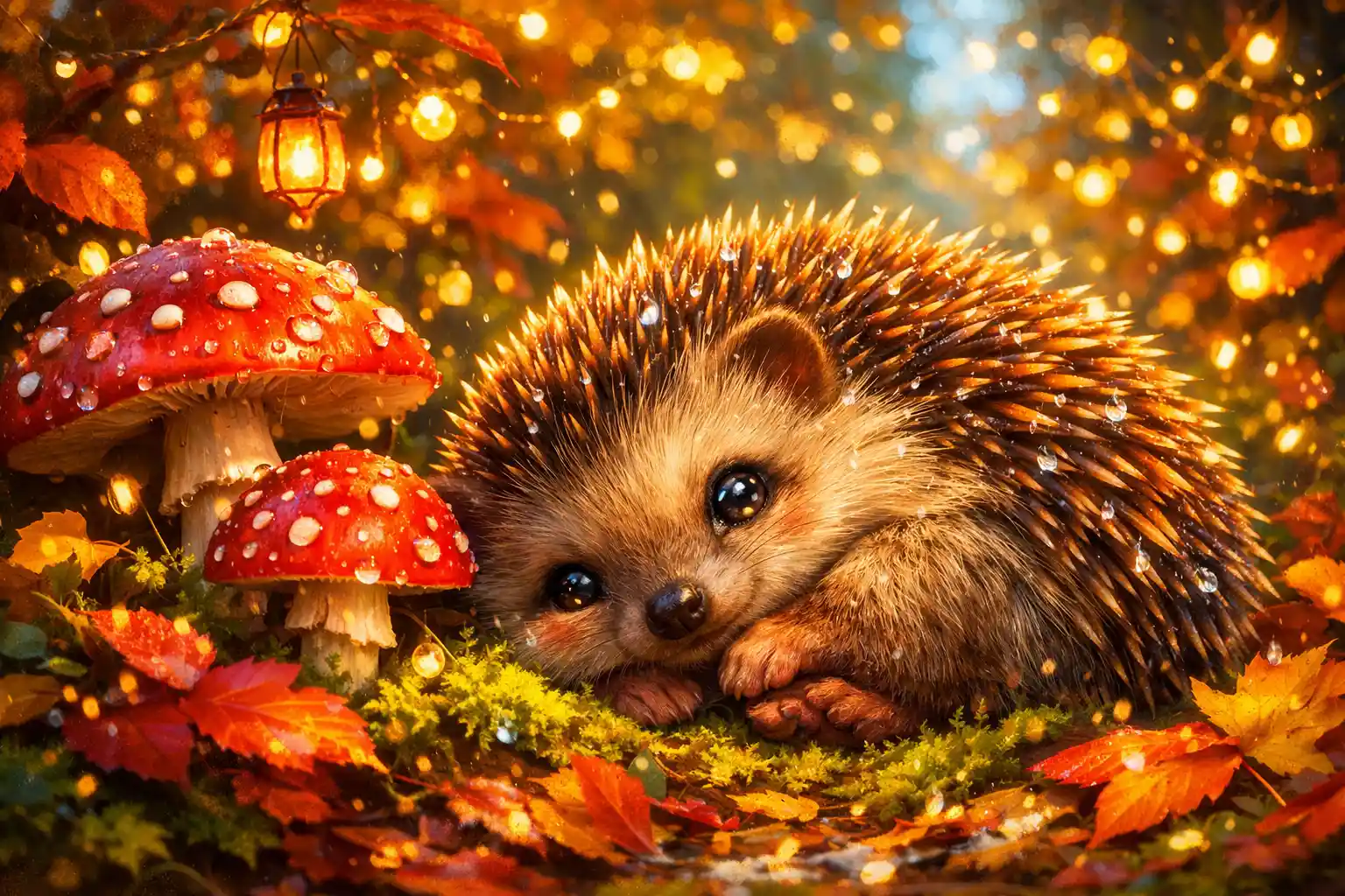 Baby hedgehog resting beside glowing mushrooms in autumn forest
