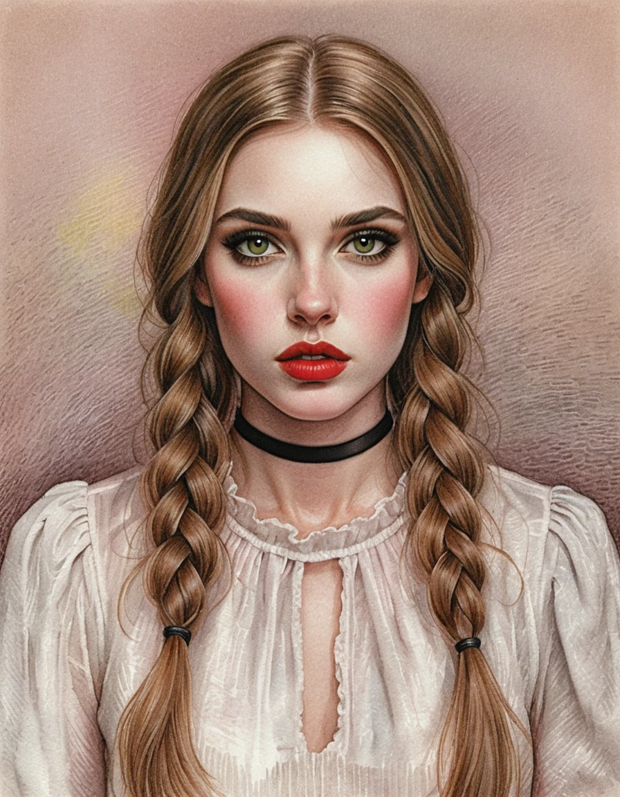 Colored pencil portrait of a girl with braids and red lips