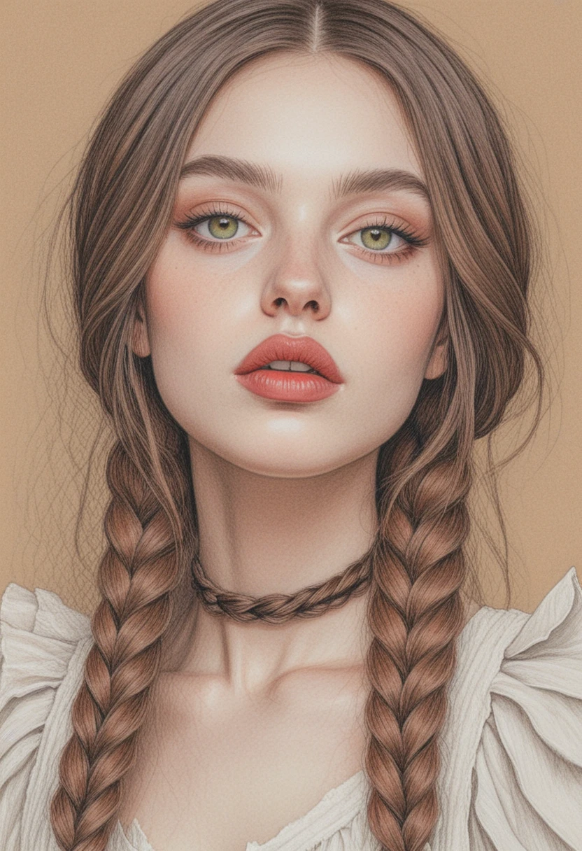 Colored pencil portrait of a girl with braids and red lips