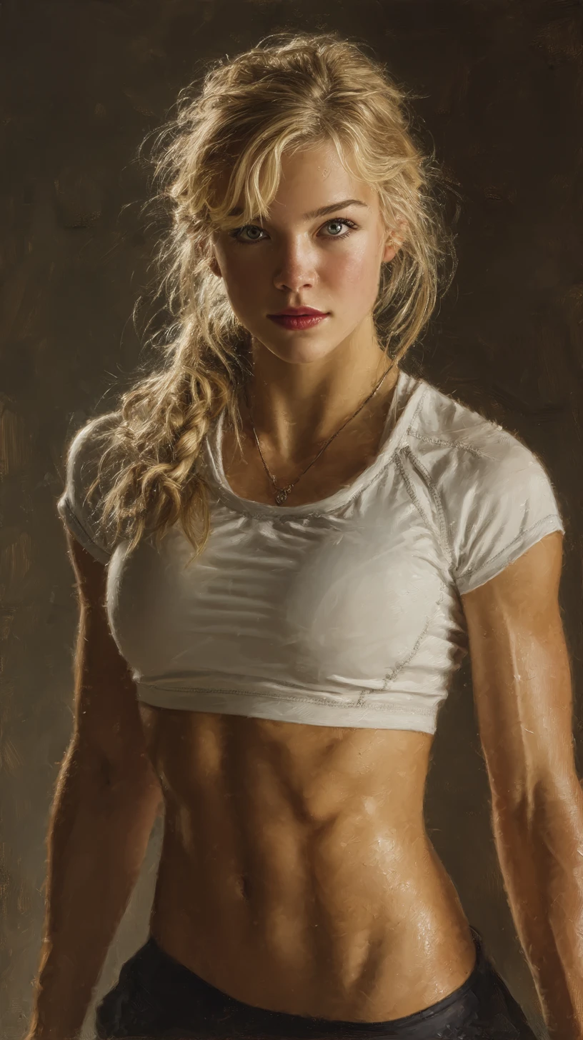Retrato fotorrealista de una joven rubia musculosa
