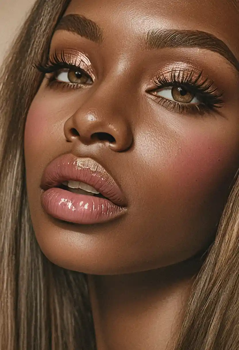 Macro beauty portrait of a woman with glossy lips