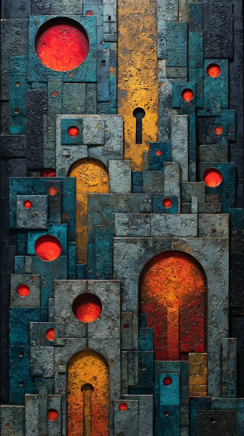 Estructura geométrica abstracta con esferas rojas brillantes sobre piedra