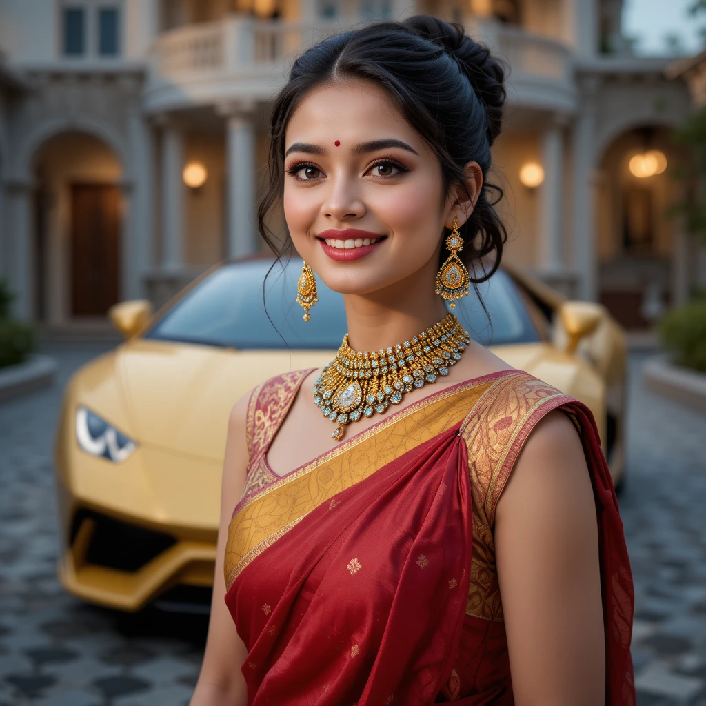 Joyful Indian woman in silk saree fashion portrait