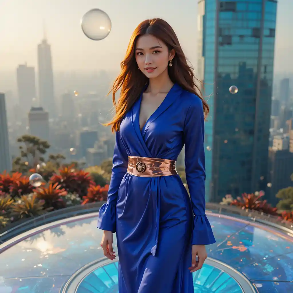 Korean woman in cobalt wrap dress in sky garden