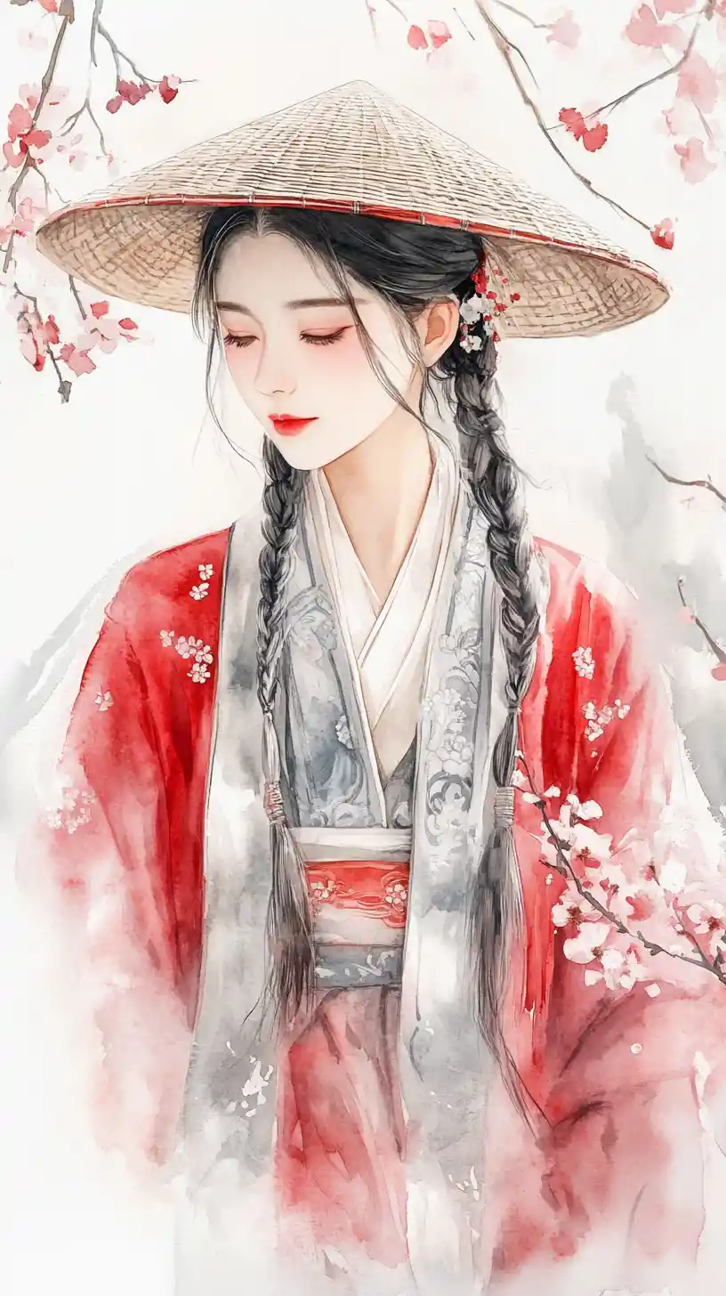 Asian woman in red dress and white coat with flowers