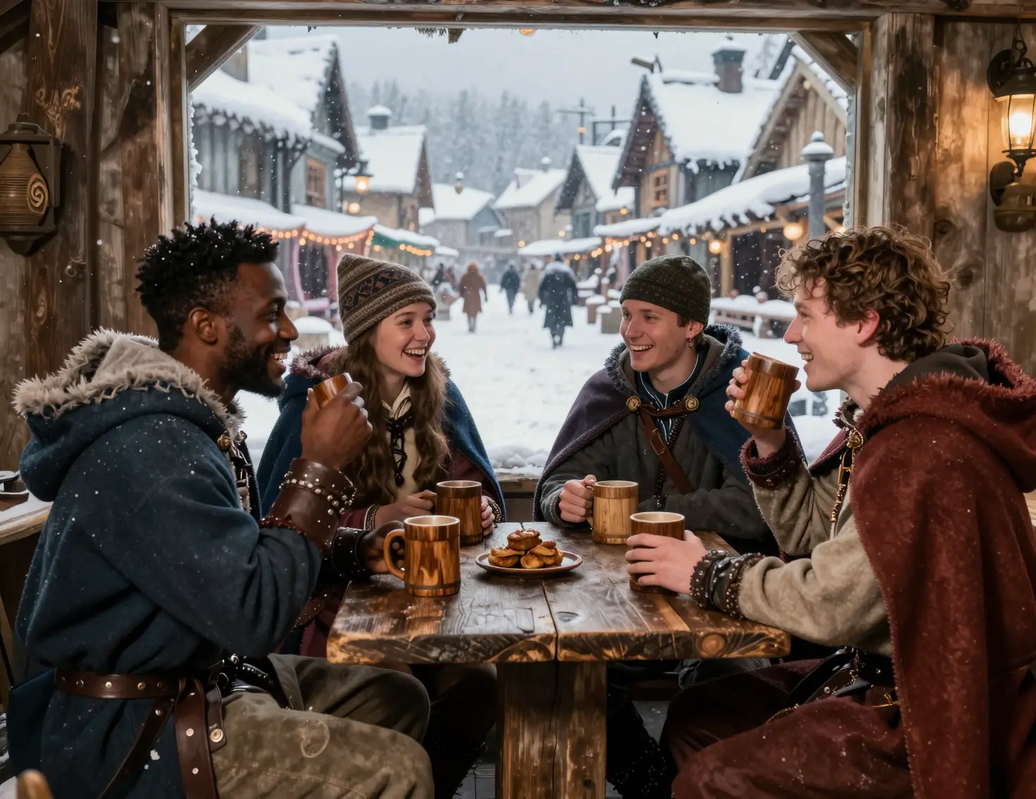 Friends laughing in a fantasy tavern on a snowy night