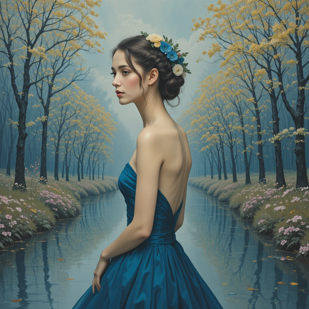Elegant woman in blue dress with river double exposure