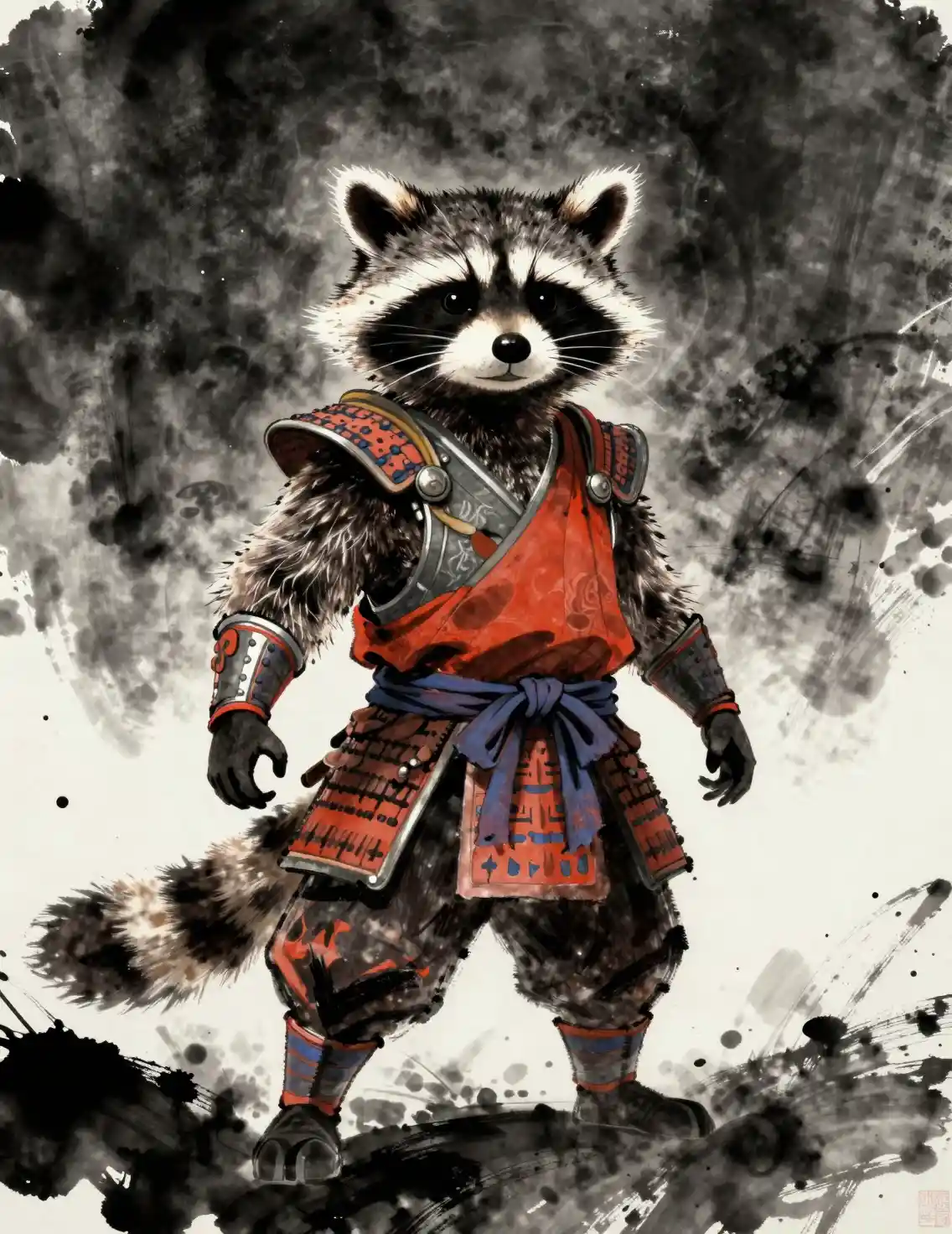 Samurai raccoon warrior illustrated in deep outer space