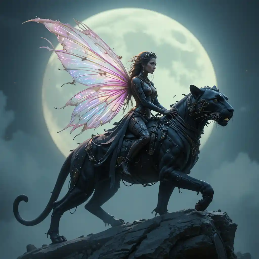 Steampunk fairy riding a sleek black panther at night