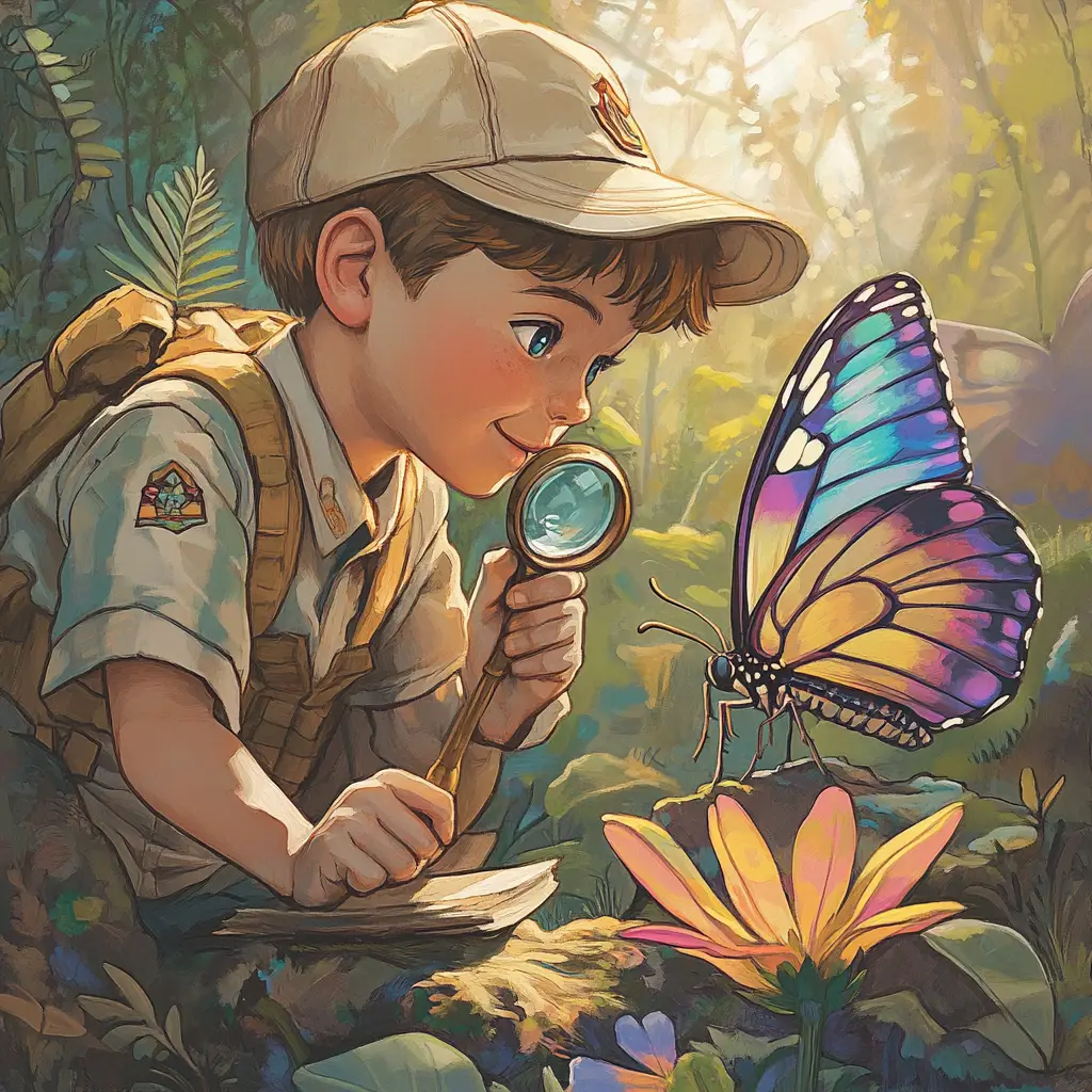 Boy scout studying butterfly with magnifying glass in garden