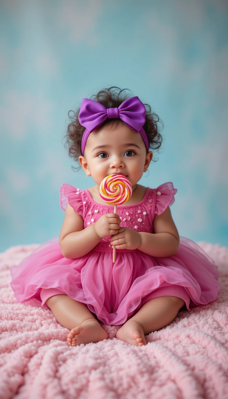 Bambina con lecca-lecca gigante su coperta rosa pastello